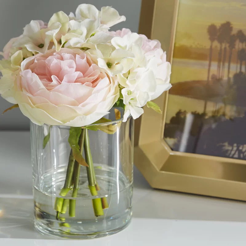 Hydrangea and Rose Floral Arrangement in Glass Vase